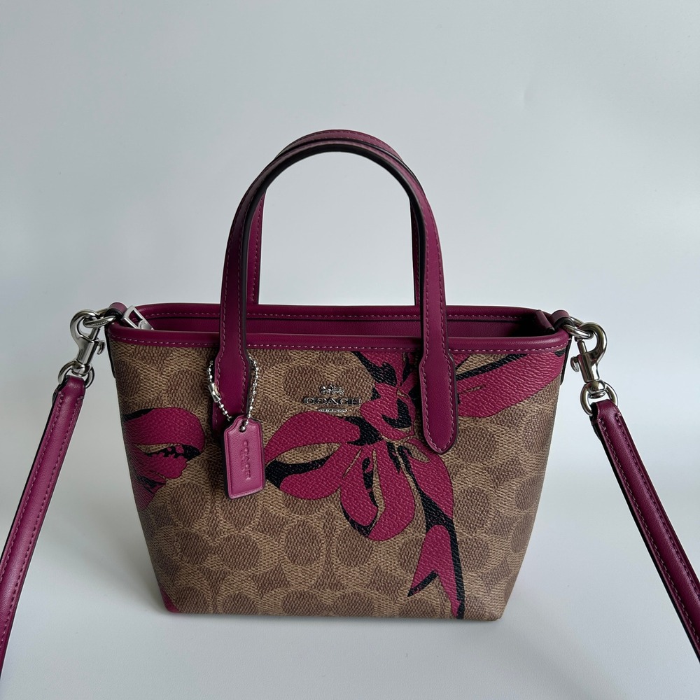 Coach City Mini Tote Brown Pink‎ Bow Signature Canvas Leather Bag Good